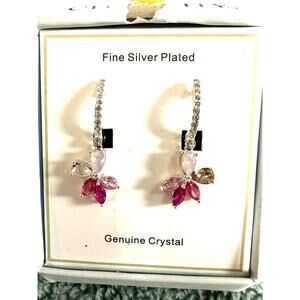 Fine Silver Plated Genuine Crystal Drop Earrings Floral Pink